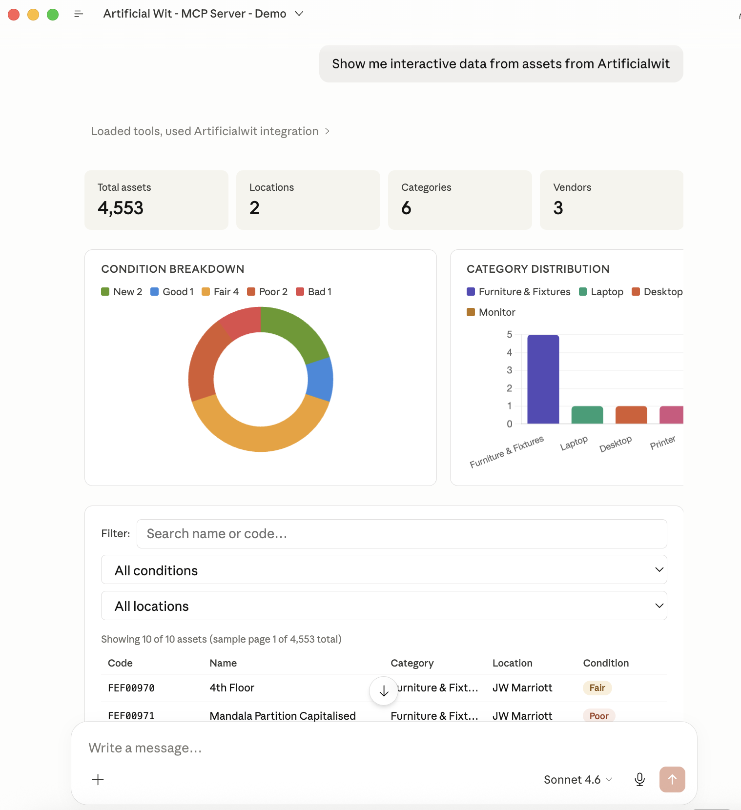 Artificial Wit MCP Server demo in Claude showing interactive asset data with charts and filters