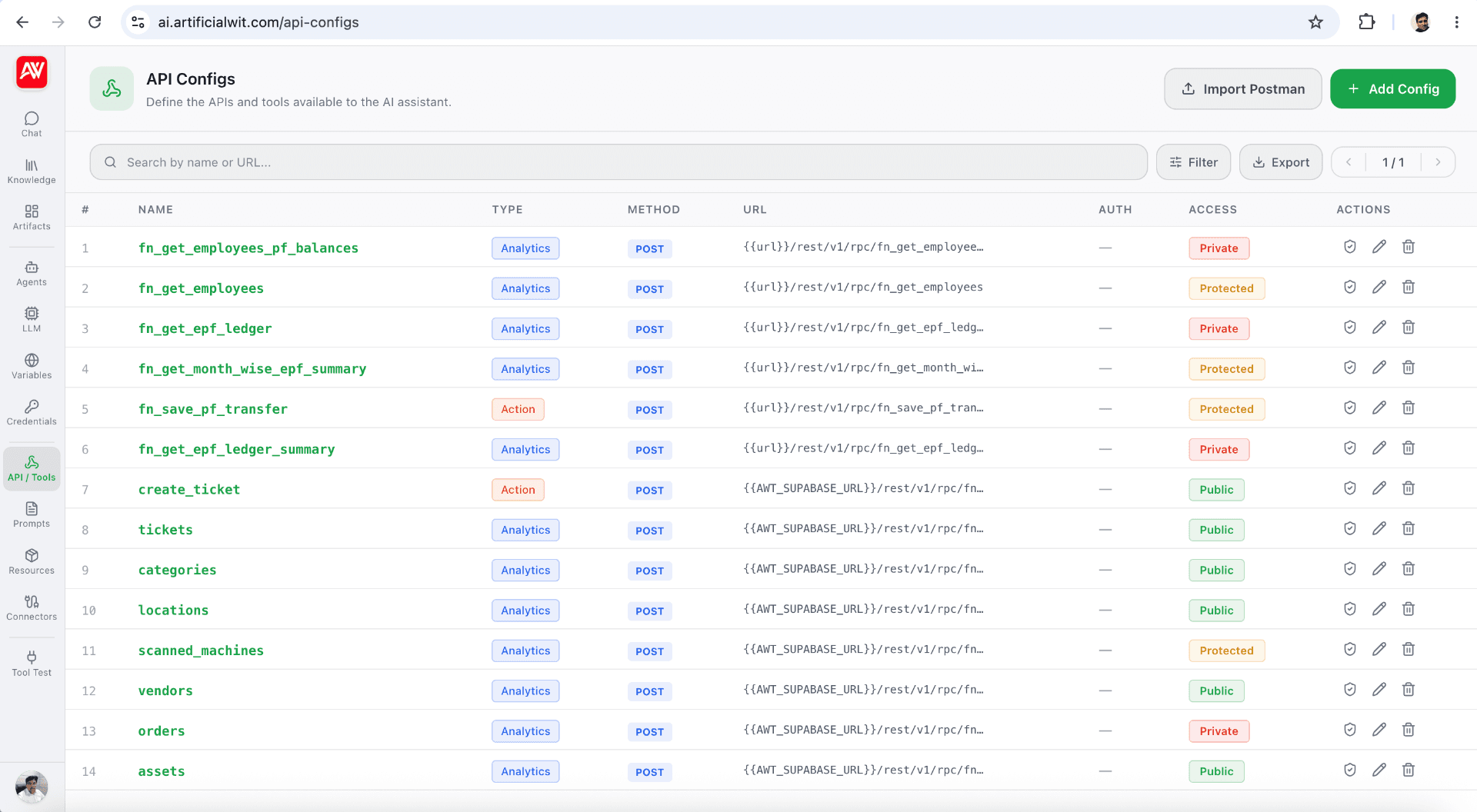 Artificial Wit AI Assistant — API Configuration screen showing endpoint configurations for agent tools